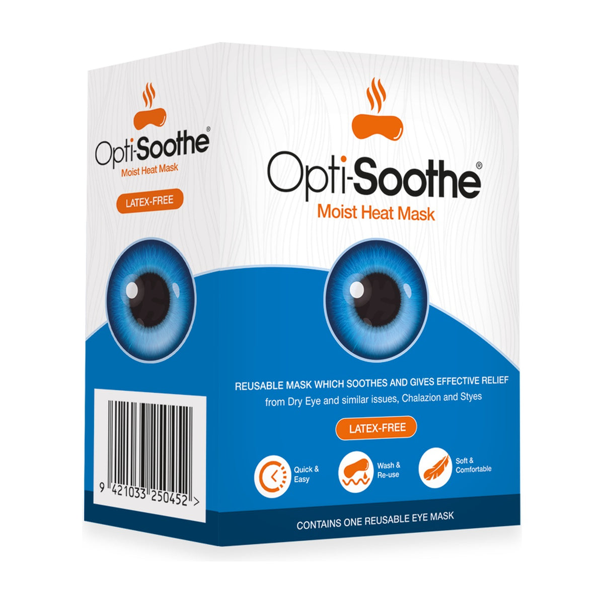 Opti-Soothe Moist Heat Mask, single reusable eye mask, front of pack