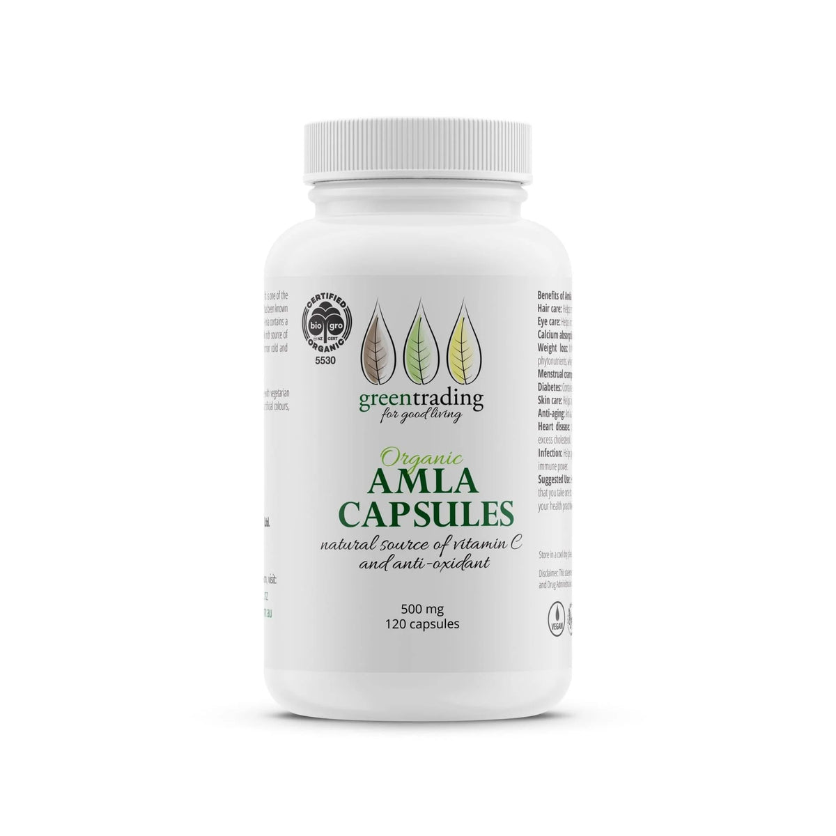 Organic Amla 120 Veggie Capsules 500mg-Green Trading-Matakana Pharmacy