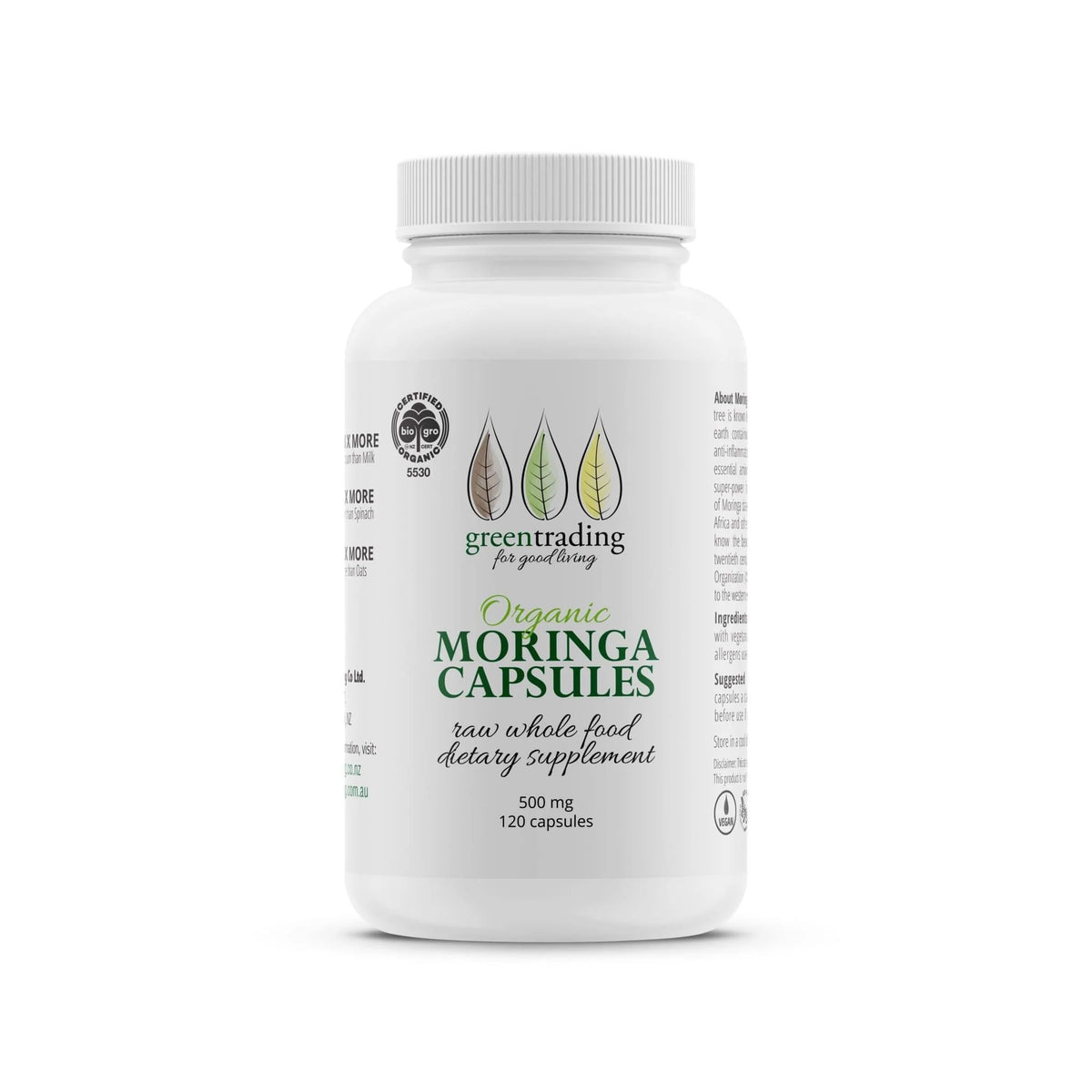 Organic Moringa 120 Veggie Capsules 500mg-Green Trading-Matakana Pharmacy