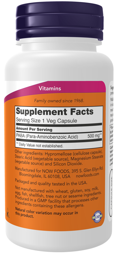 Image of PABA 500mg 100caps supplement facts