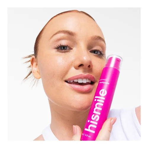 Image of woman holding hismile pap+ toothpaste