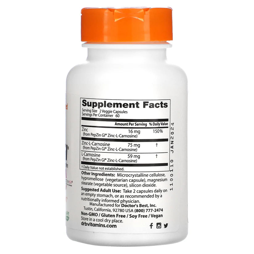 Image of PepZinGI Zinc-L-Carnosine Complex 120caps supplement facts