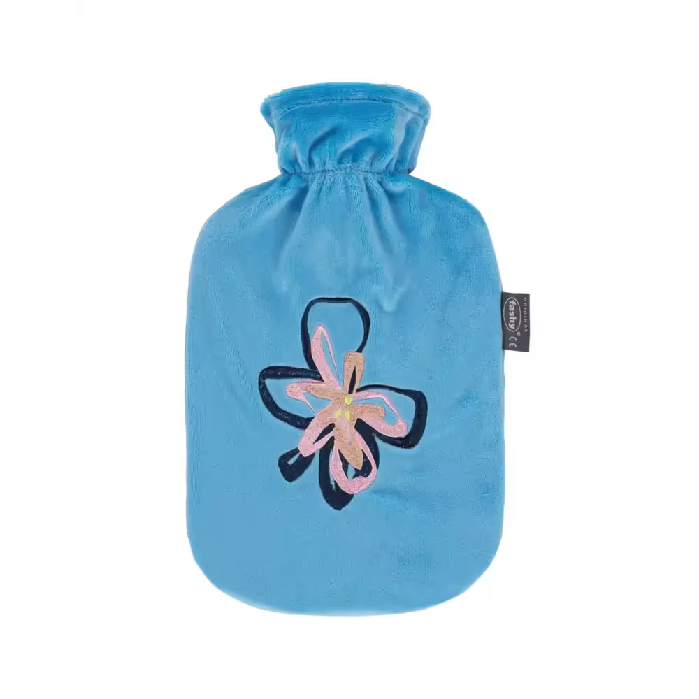 Hot Water Bottle with Plush Cover Flower Bright Blue 2.0L-FASHY-Matakana Pharmacy