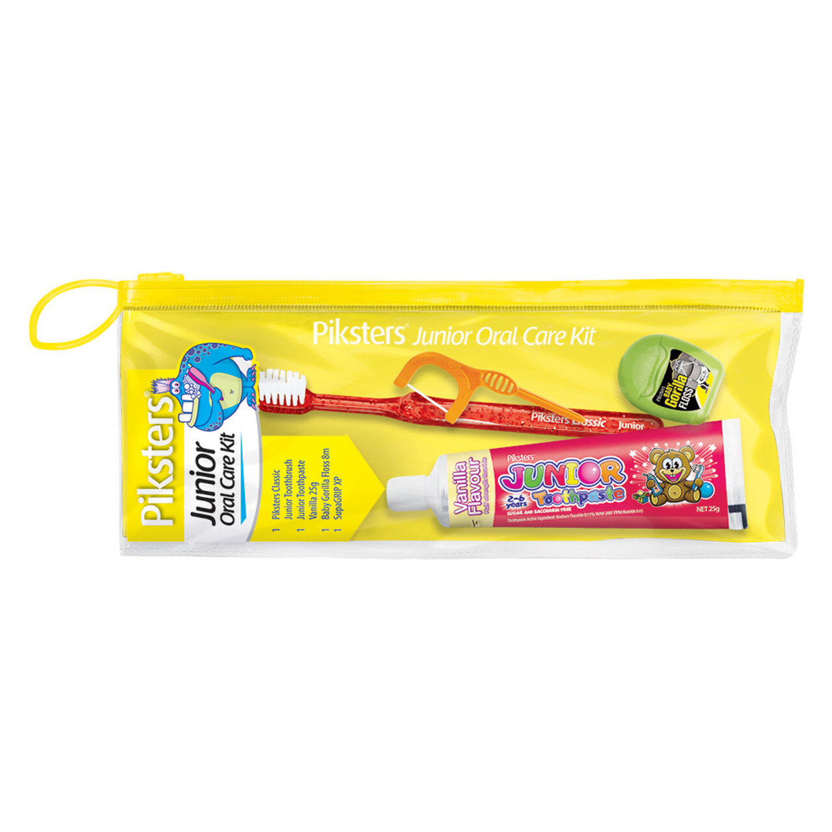 Image of PIKSTERS Basic Oral Care Kit Junior. Contains a toothbrush, mini floss, dental floss pick and a tube of jr toothpaste