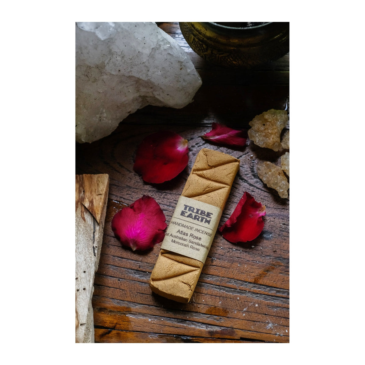 Atlas Rose Incense Planks - Sandalwood & Moroccan Rose incense burning, with the botanicals it is made from