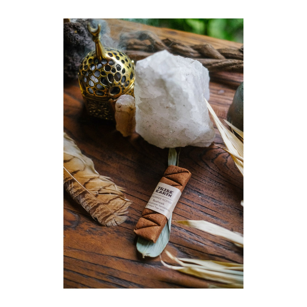 Bushwalk Incense Planks - Sandalwood & Marri Gum incense burning, with the botanicals it is made from