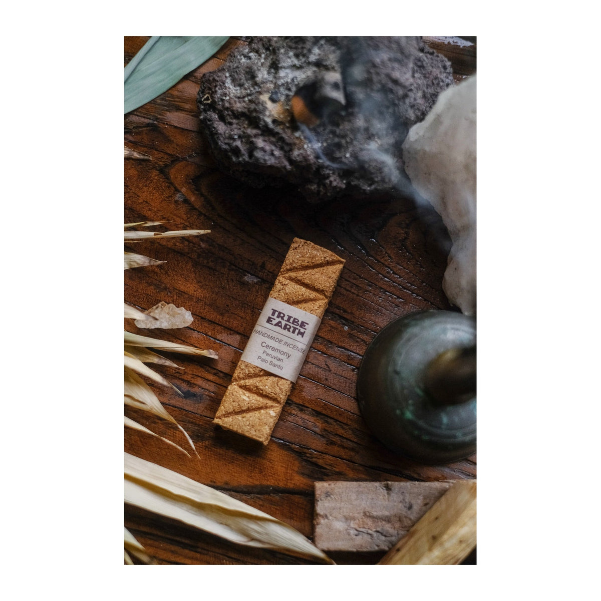 Ceremony Incense Planks - Palo Santo incense burning, with the botanicals it is made from