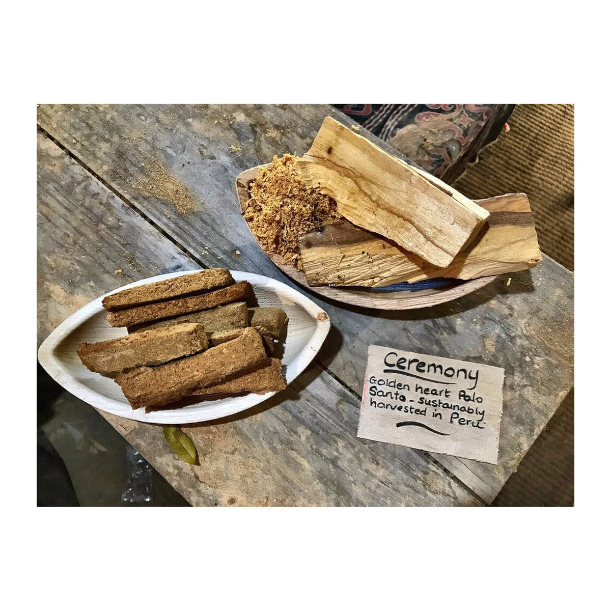 Ceremony Incense Planks - Palo Santo incense burning on a dish