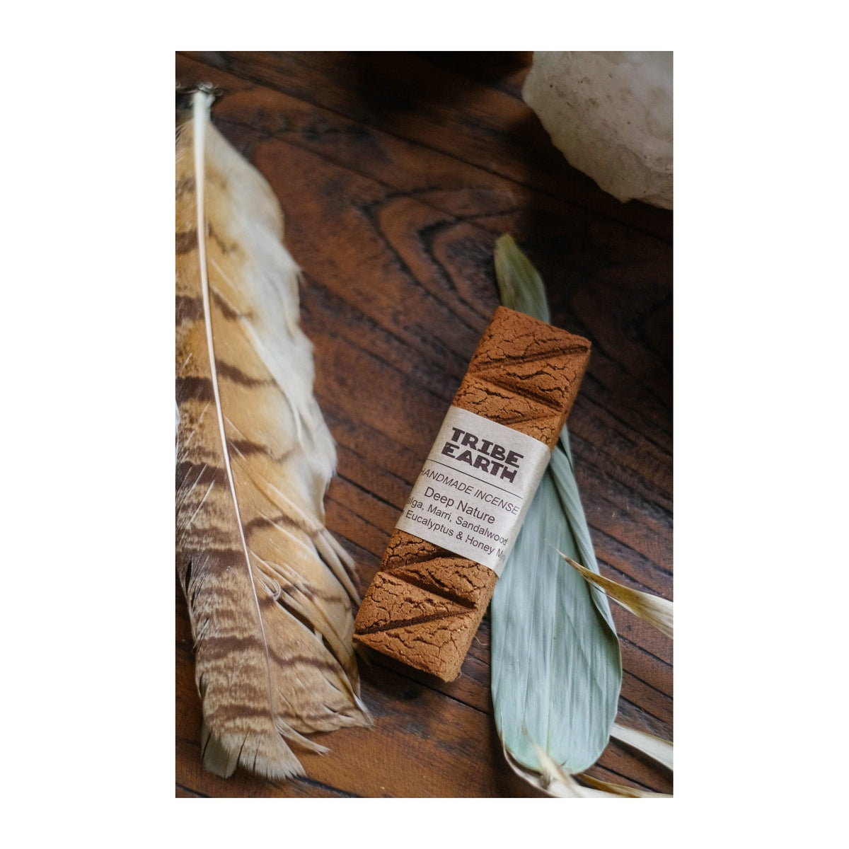 Deep Nature Incense Planks - Sandalwood & Bush Resins incense burning, with the botanicals it is made from