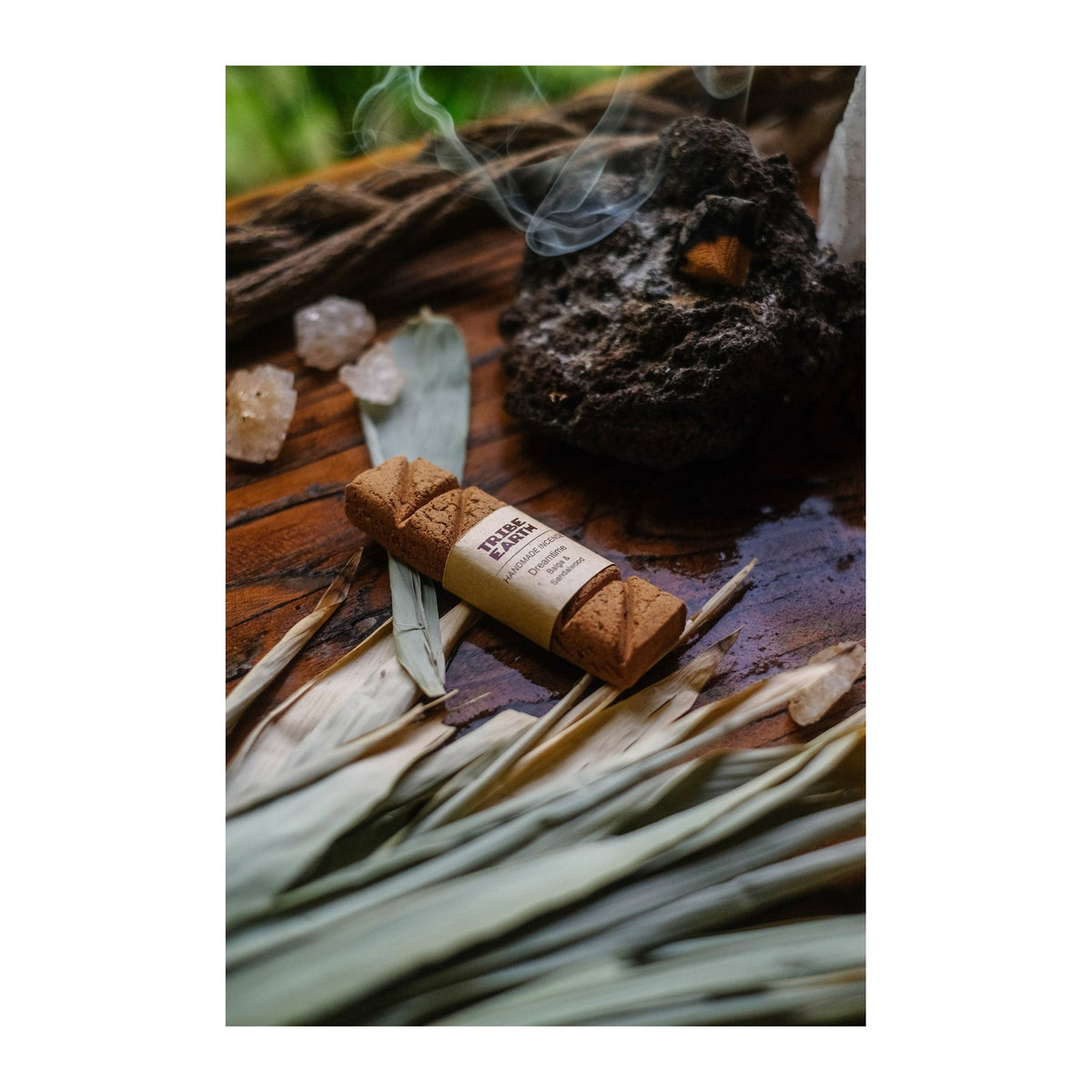 Dreamtime Incense Planks - Sandalwood & Balga incense burning, with the botanicals it is made from