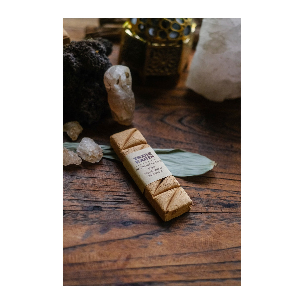 Pure Sandalwood Incense Planks incense burning, with the botanicals it is made from