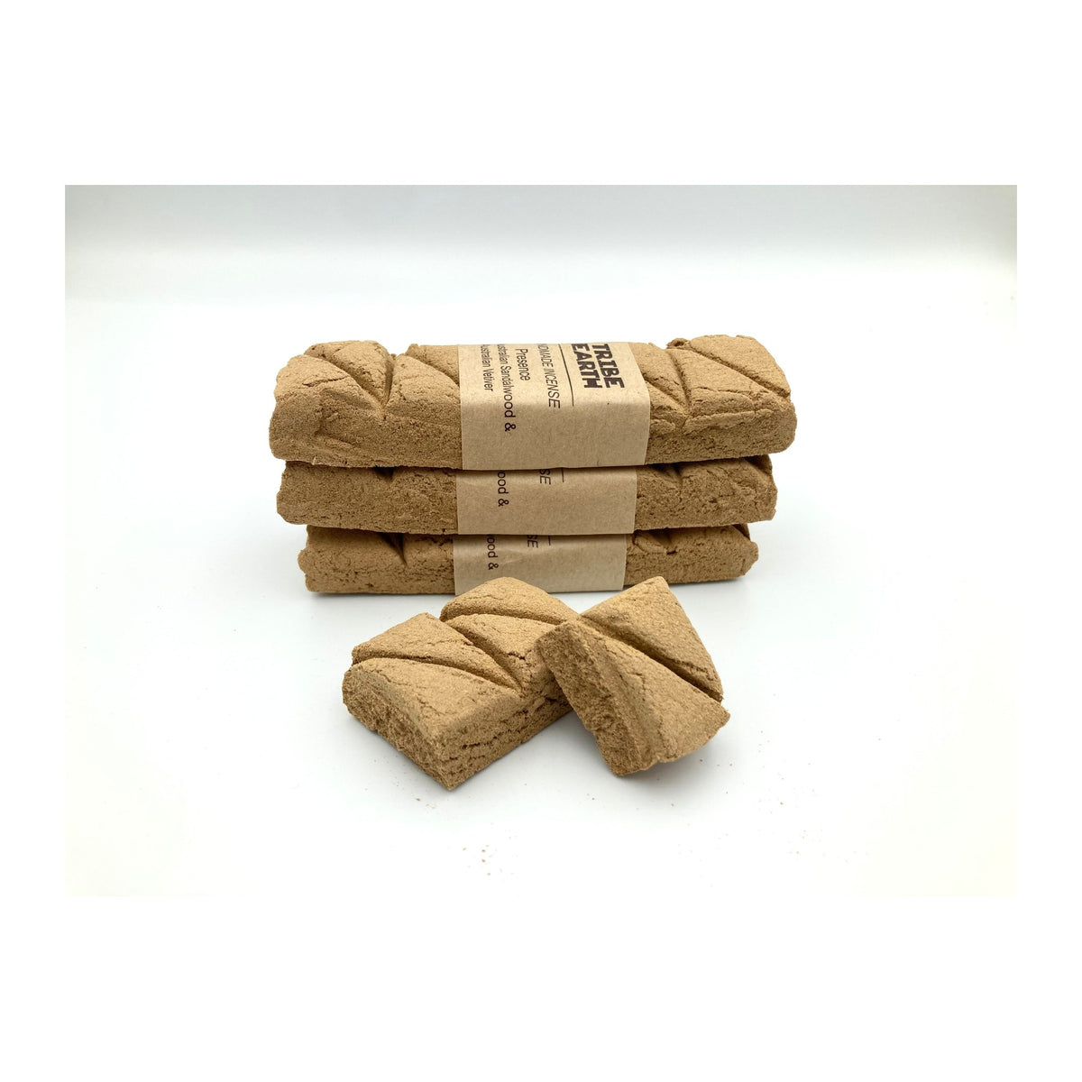 Presence Incense Planks - Sandalwood & Australian Vetiver incense planks unwrapped, showing the pressed plant material