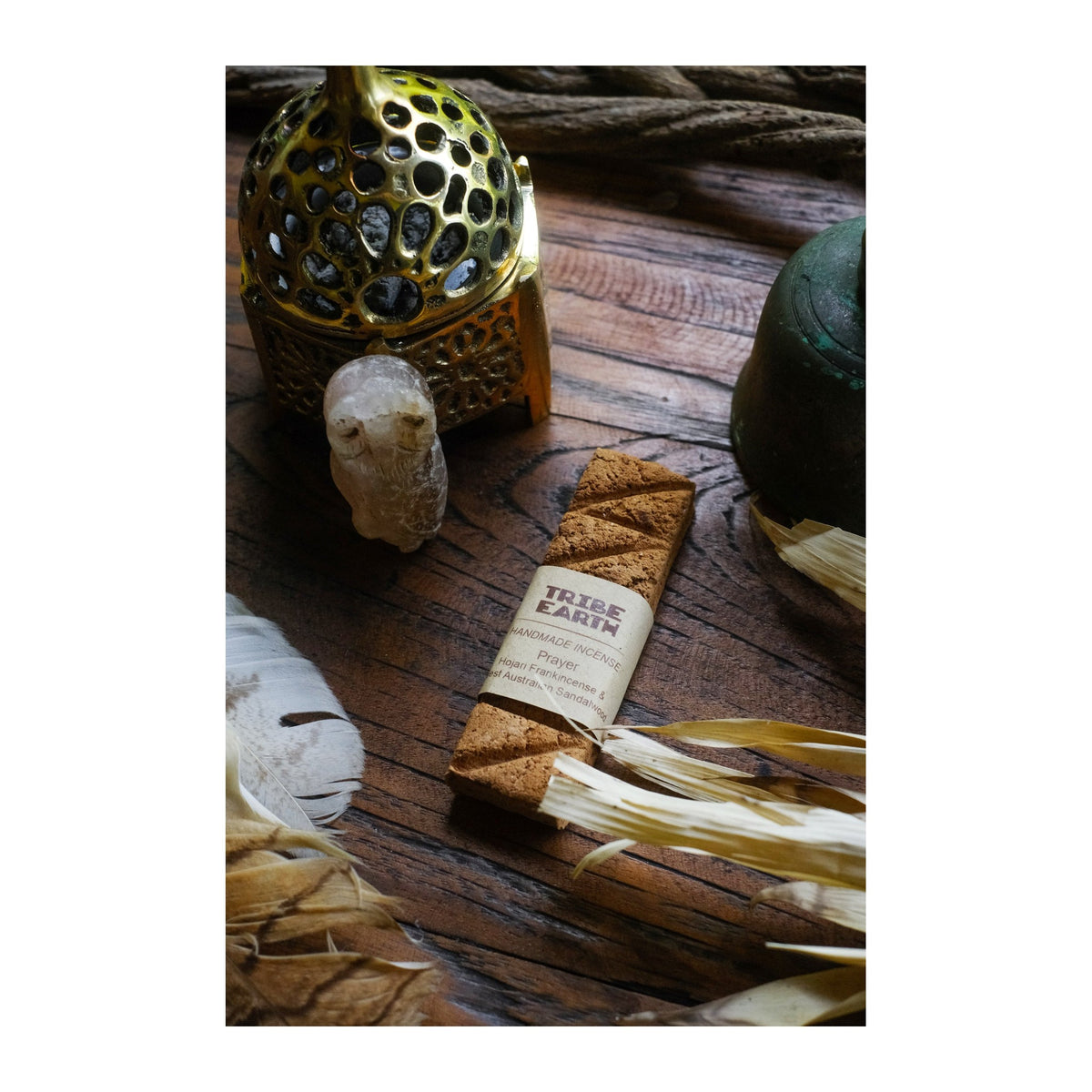 Prayer Incense Planks - Sandalwood & Frankincense incense burning, with the botanicals it is made from