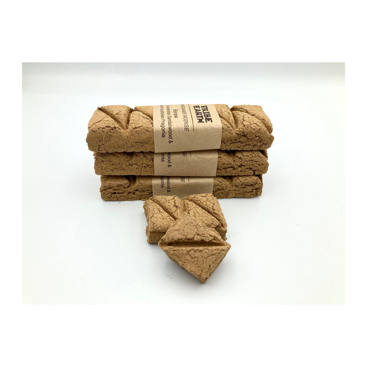 Renew Incense Planks - Sandalwood, Honey Myrtle & Fragonia incense planks unwrapped, showing the pressed plant material
