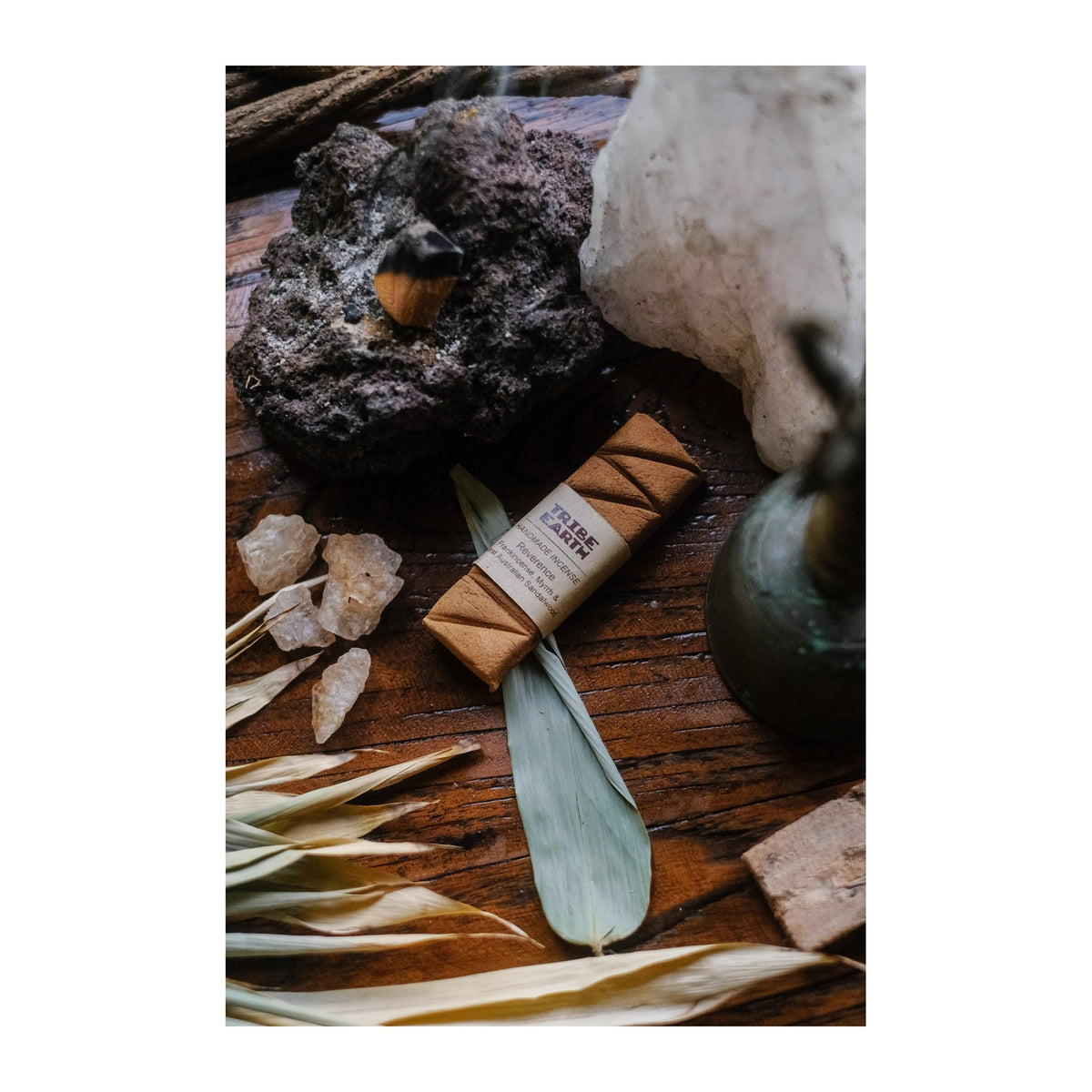 Reverence Incense Planks - Sandalwood, Frankincense & Myrrh incense burning, with the botanicals it is made from