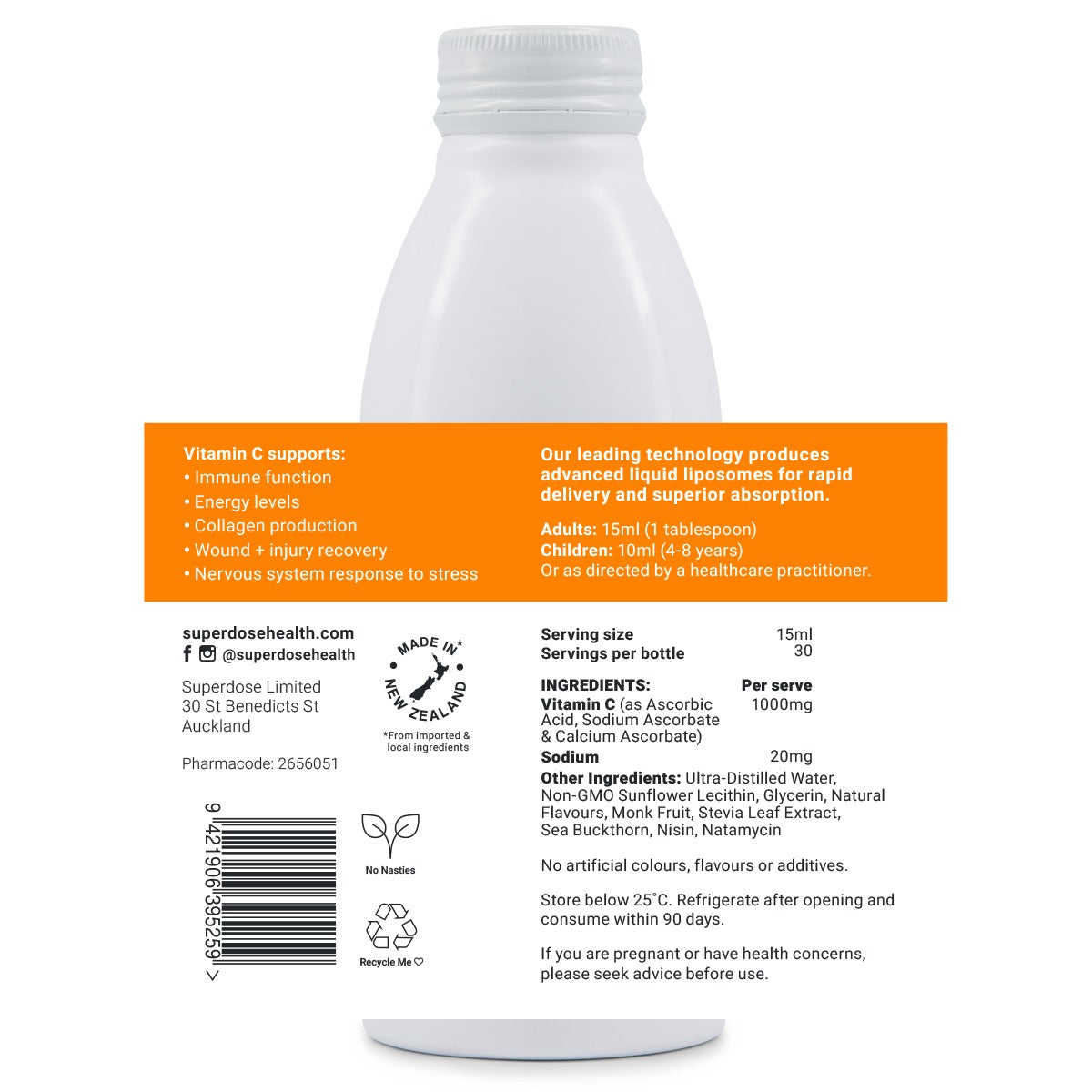 Superdose Liposomal Vitamin C 450ml, back label with serving size, ingredients, directions and storage
