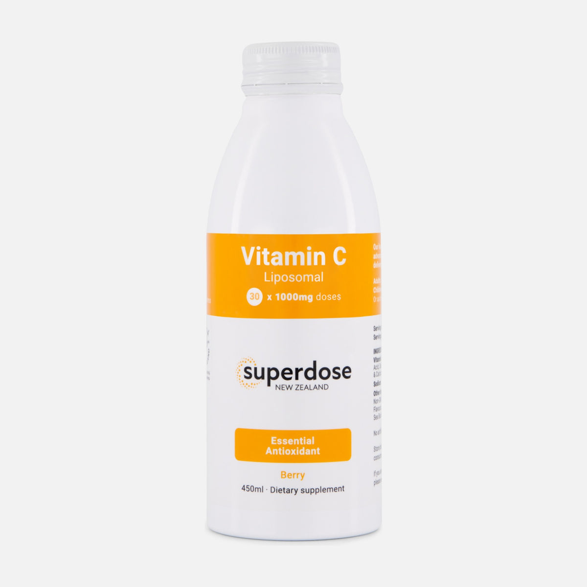 Superdose (formerly Poten-C) Liposomal Vitamin C 1000mg, 450ml white aluminium bottle, berry flavour, front of pack