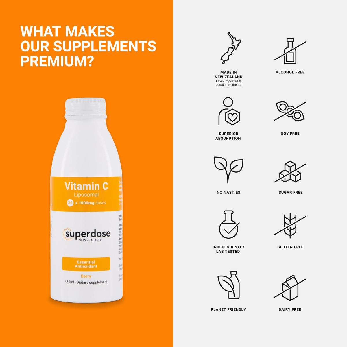 Superdose Liposomal Vitamin C 450ml bottle beside icons: made in New Zealand, alcohol free, soy free, sugar free, gluten free, dairy free, independently lab tested