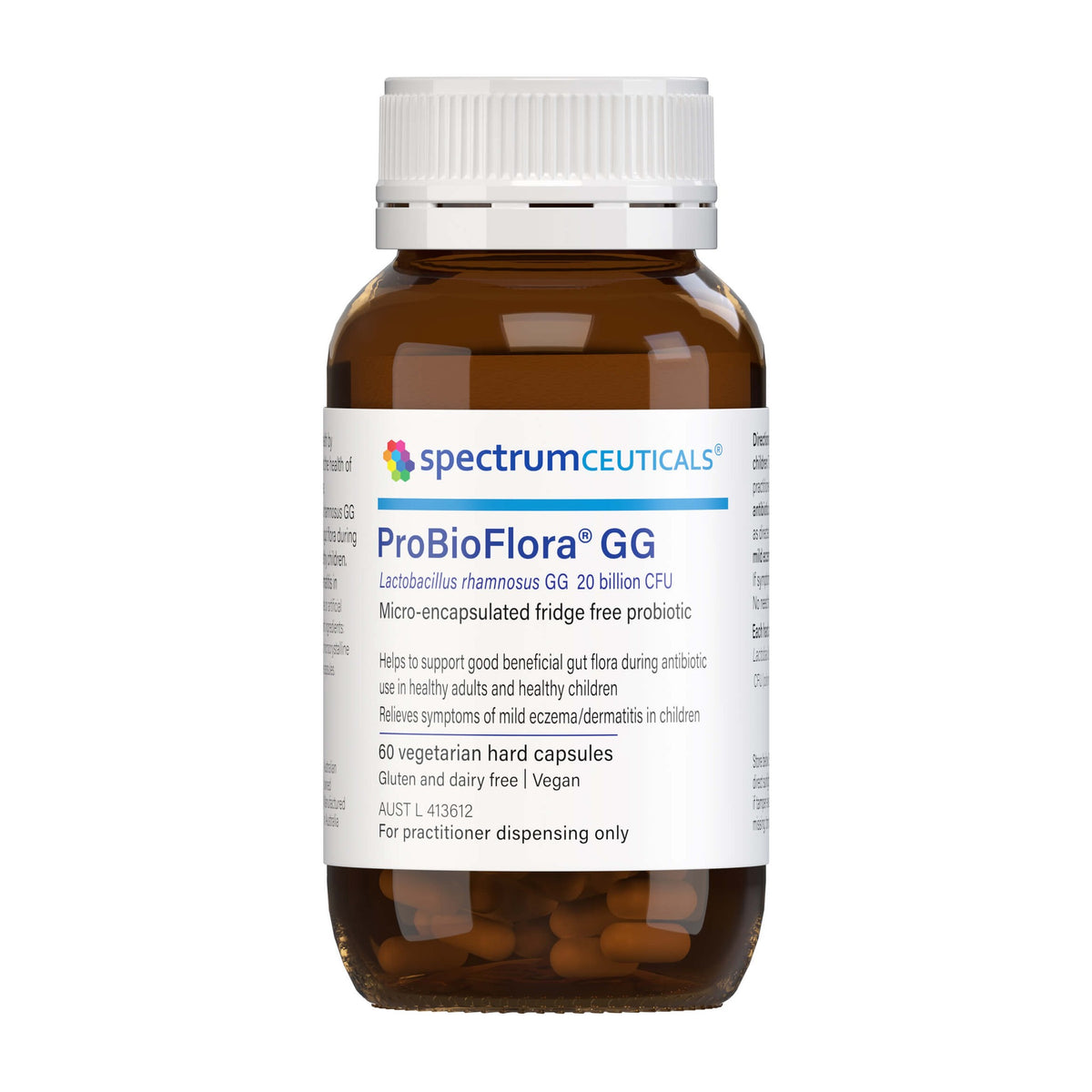 SpectrumCeuticals ProBioFlora GG, amber glass bottle of 60 vegetarian capsules, front of pack