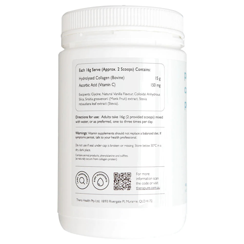 Image of THERAPURE pure collagen peptides + C Powder ingredients and directions