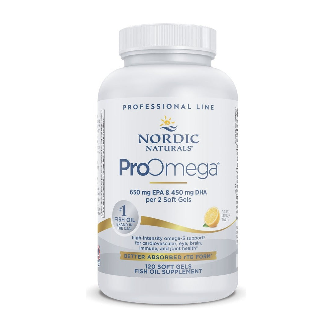Nordic Naturals ProOmega lemon, white Professional Line bottle of 120 soft gels, front of pack