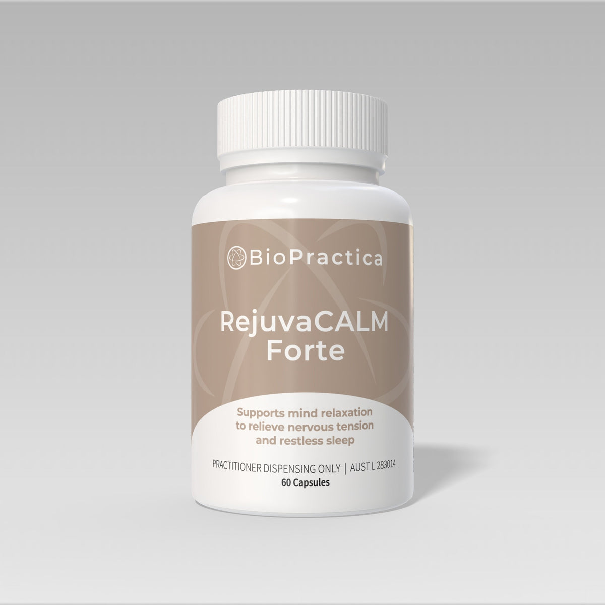 BioPractica RejuvaCALM Forte, tan and white bottle of 60 capsules, front of pack