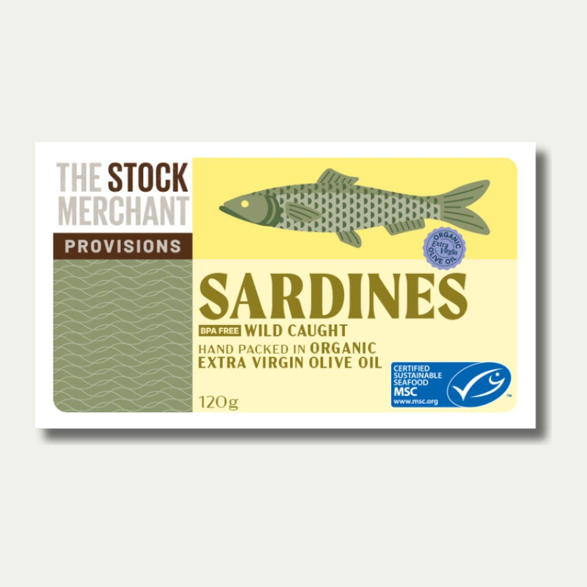 The Stock Merchant Sardines in Organic Extra Virgin Olive Oil, 120g tin, front of pack