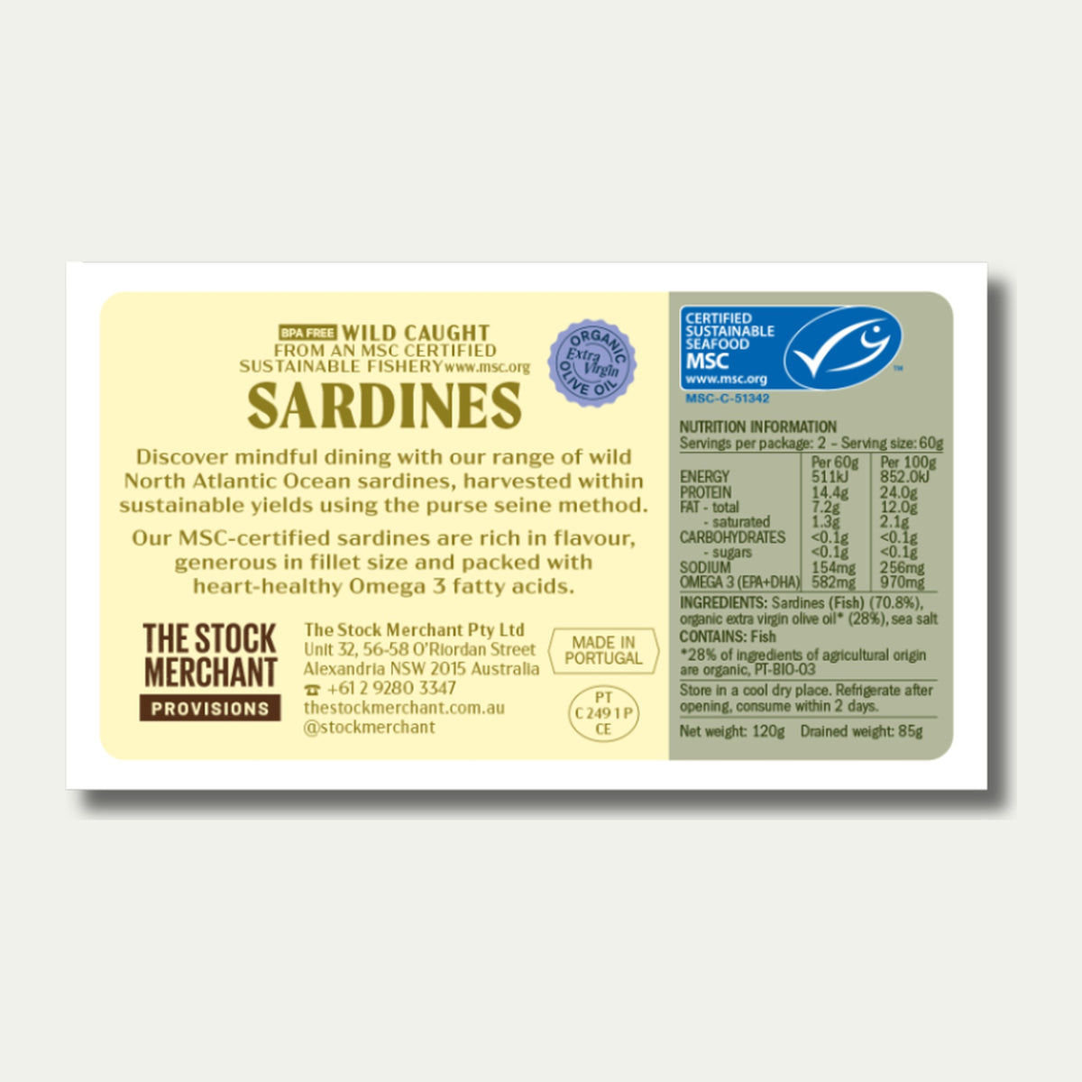 The Stock Merchant Sardines label showing ingredients, nutrition panel and MSC certification