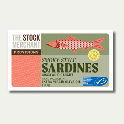 The Stock Merchant Smoky Style Sardines in Extra Virgin Olive Oil, 120g tin, front of pack