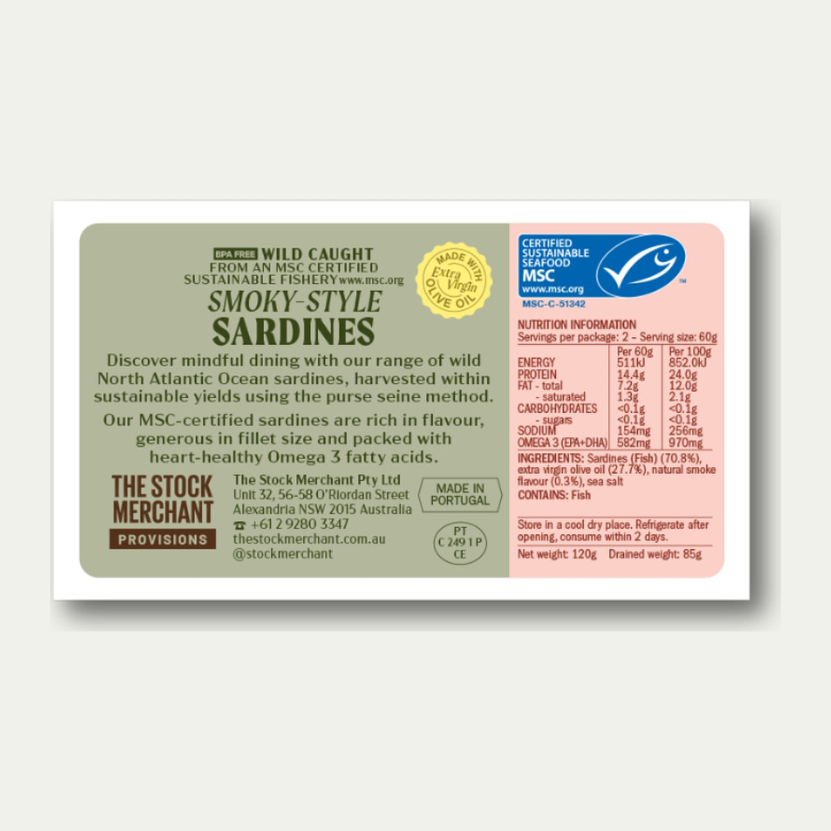 The Stock Merchant Smoky Style Sardines label showing ingredients, nutrition panel and MSC certification