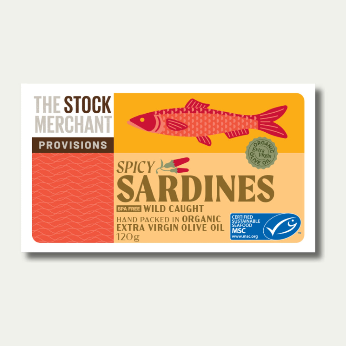 Spicy Sardines in Organic Extra Virgin Olive Oil by The Stock Merchant, 120g tin, front of pack