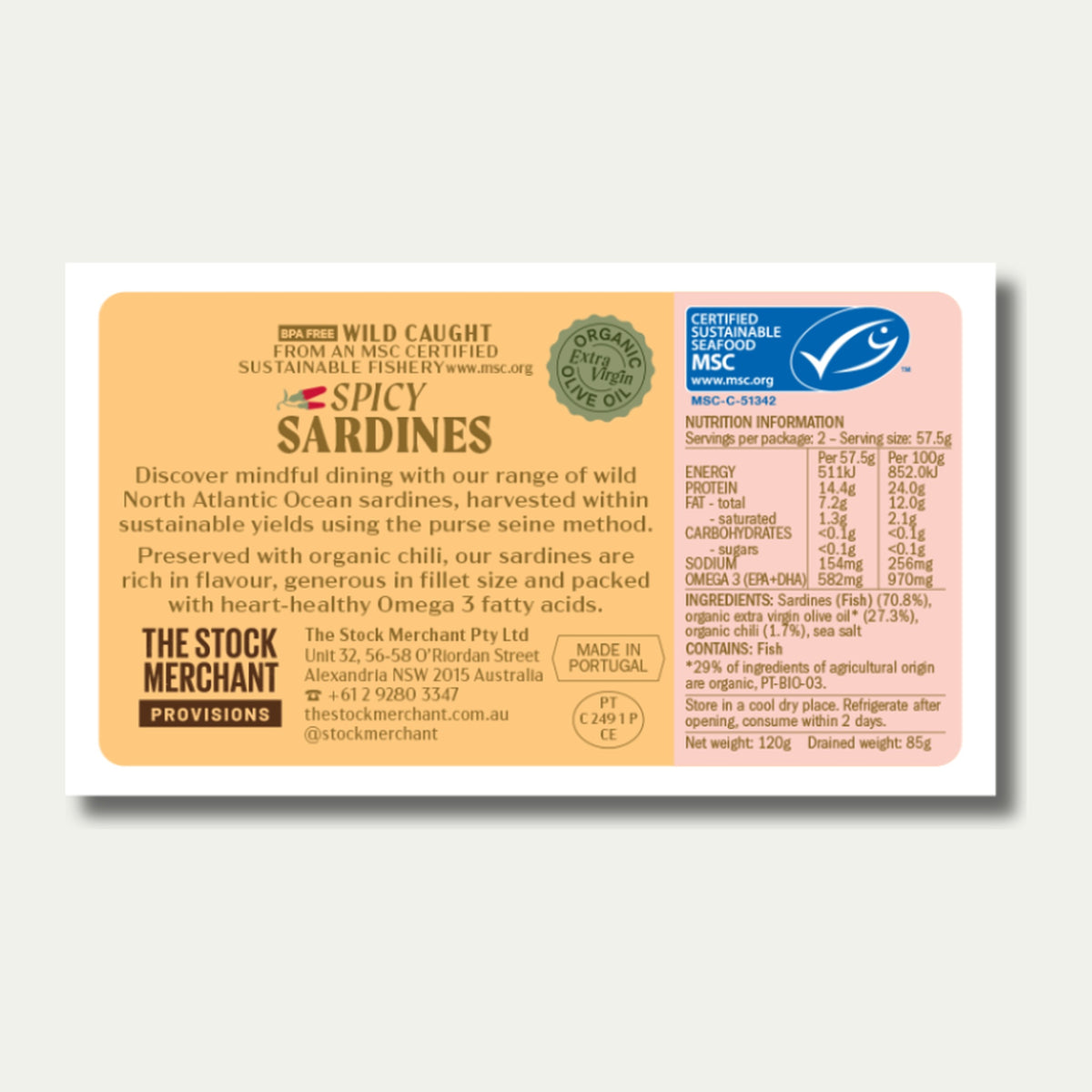 Back of the Spicy Sardines tin showing the nutrition information panel, ingredients and MSC certification