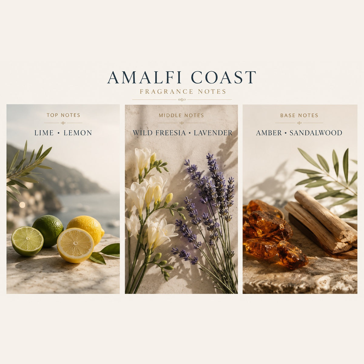 Amalfi Coast fragrance notes: Top | lime, lemon; Middle | wild freesia, lavender; Base | amber, sandalwood
