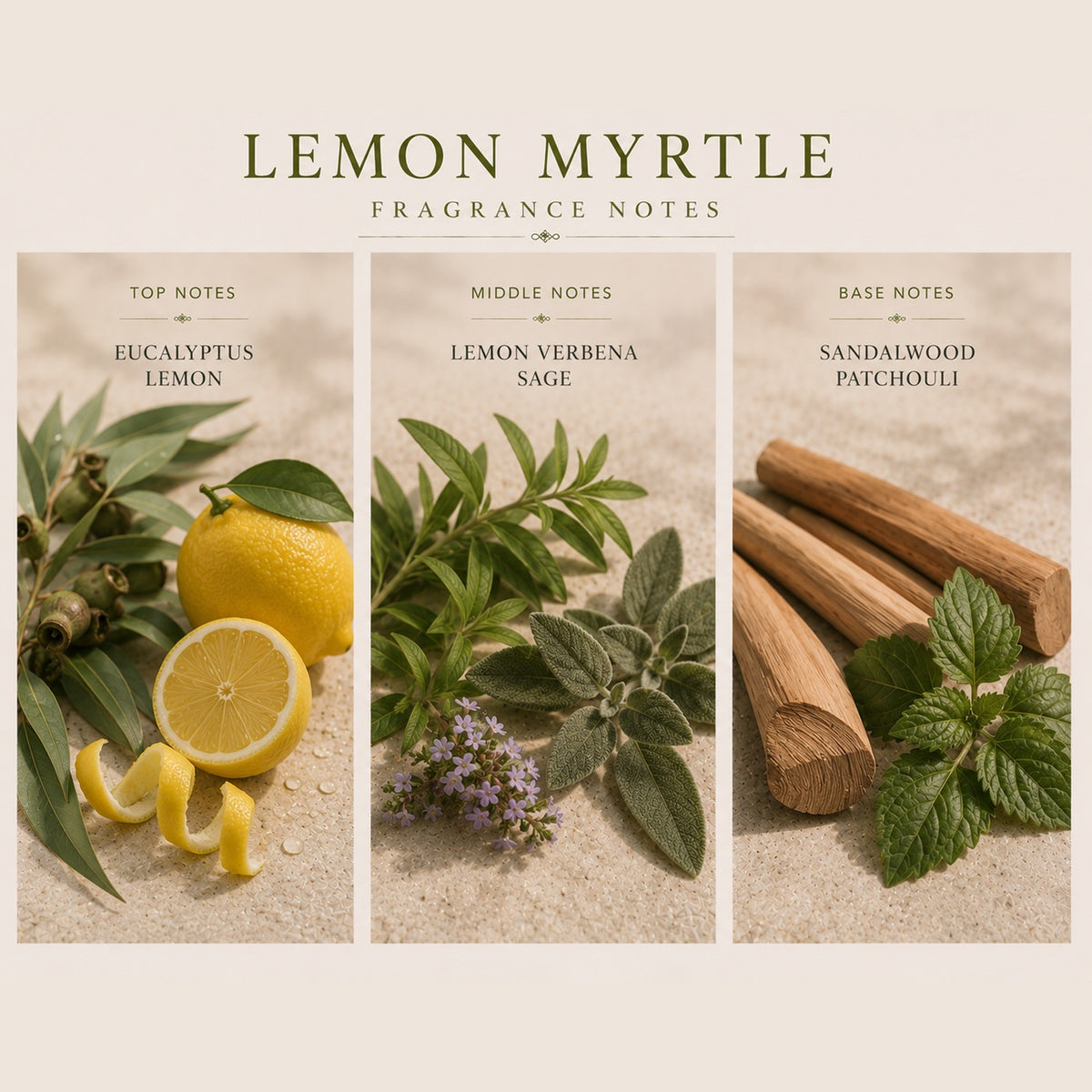 Lemon Myrtle fragrance notes: Top | eucalyptus, lemon; Middle | lemon verbena, sage; Base | sandalwood, patchouli