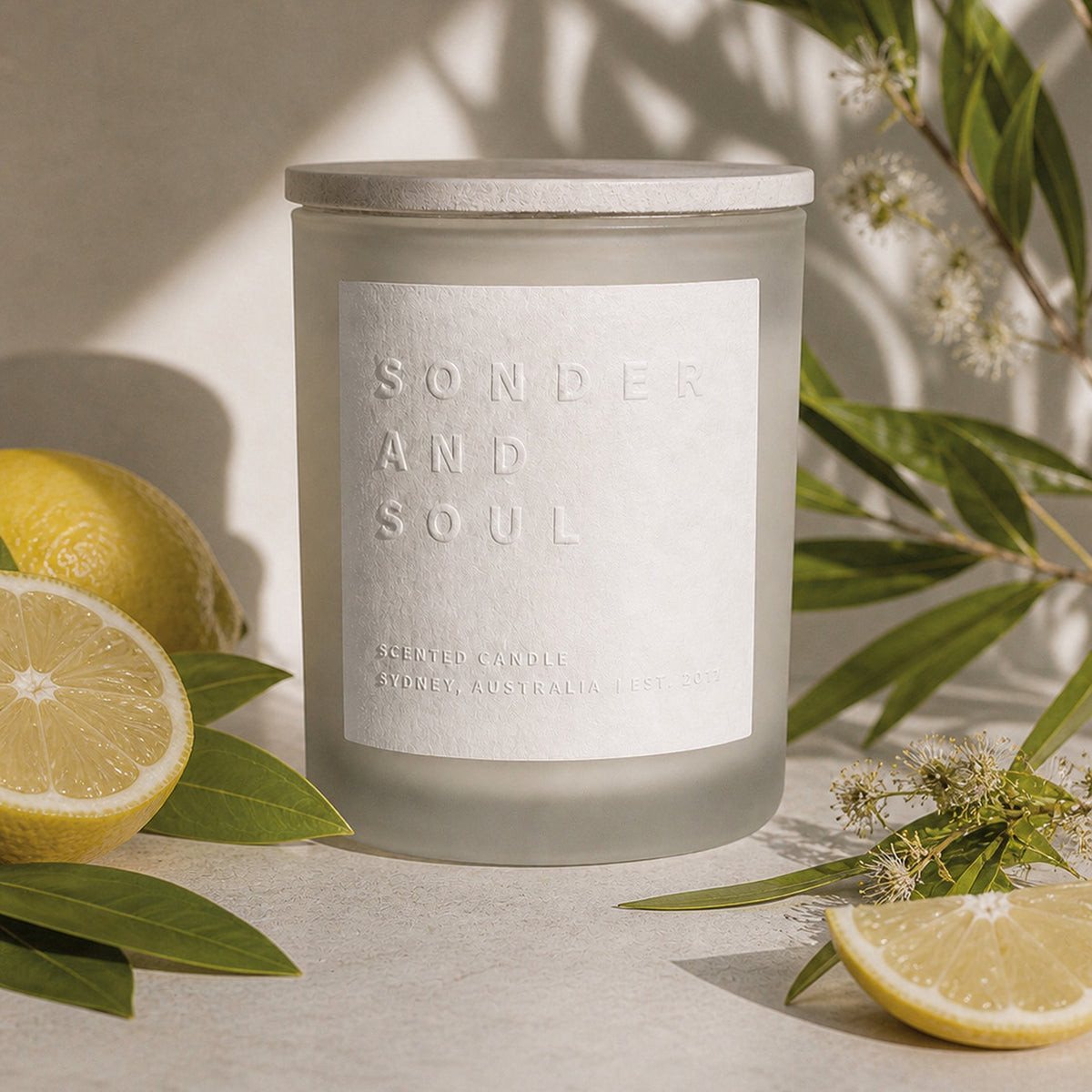 Lemon Myrtle soy candle by Sonder and Soul, styled with the fragrance notes