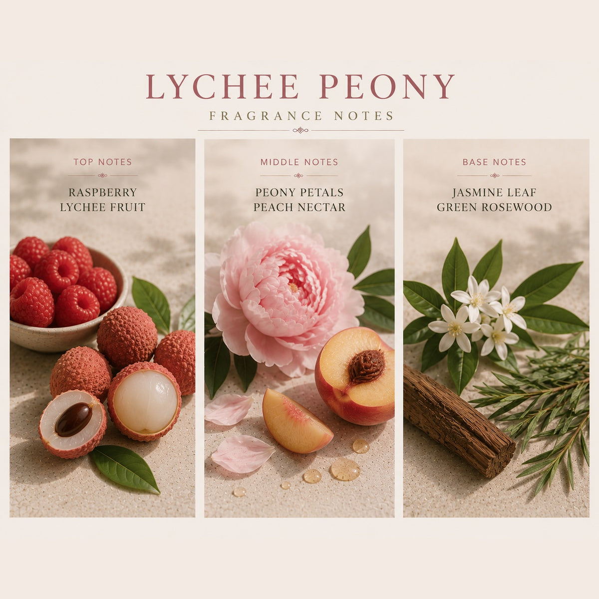 Lychee Peony fragrance notes: Top | raspberry, lychee fruit; Middle | peony petals, peach nectar; Base | jasmine leaf, green rosewood