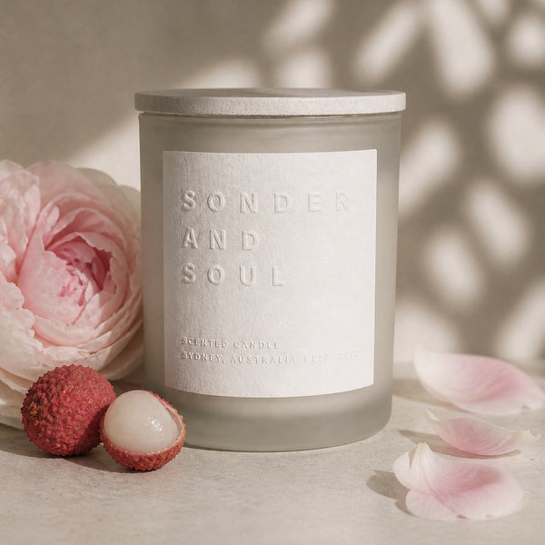 Lychee Peony soy candle by Sonder and Soul, styled with the fragrance notes