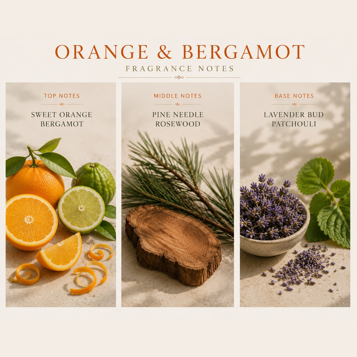 Orange + Bergamot fragrance notes: Top | sweet orange, bergamot; Middle | pine needle, rosewood; Base | lavender bud, patchouli