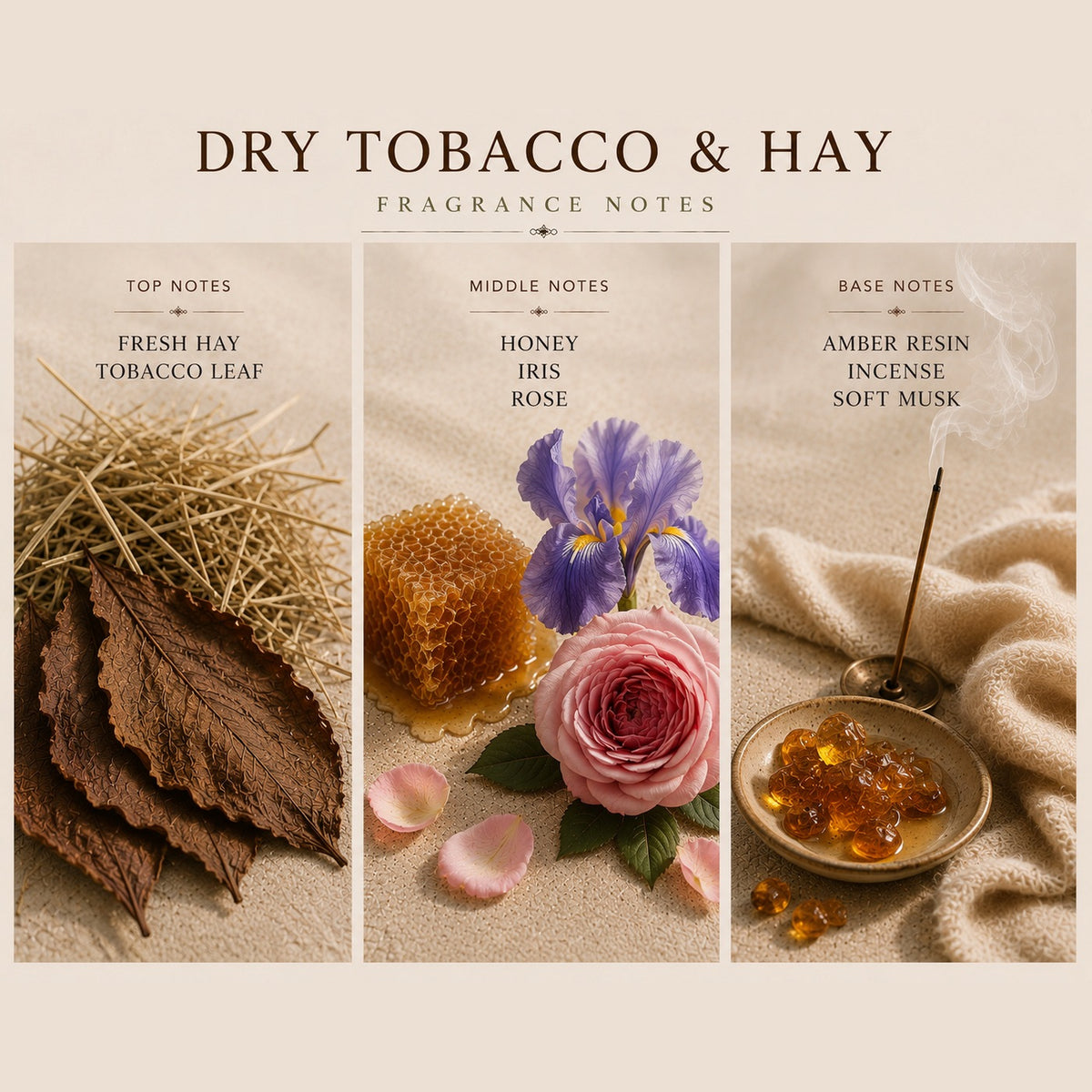 Dry Tobacco and Hay fragrance notes: Top | fresh hay, tobacco leaf; Middle | honey, iris, rose; Base | amber resin, incense, soft musk