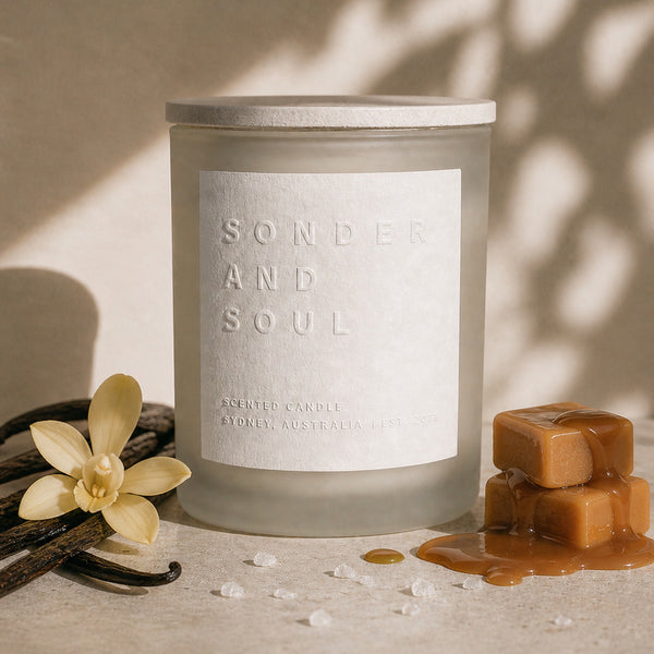 Vanilla Caramel soy candle by Sonder and Soul, styled with the fragrance notes