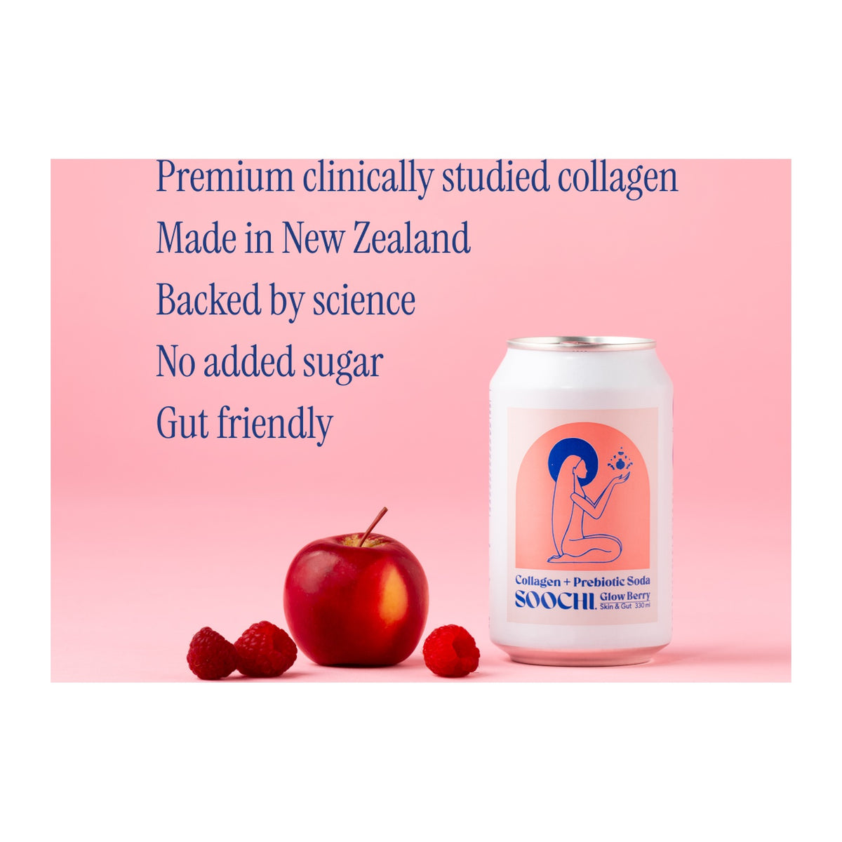 Soochi Glow Berry, premium clinically studied collagen, made in New Zealand, no added sugar