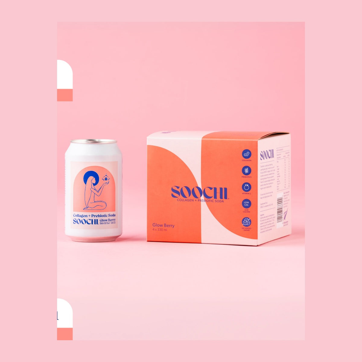 Soochi Collagen + Prebiotic Soda Glow Berry can with its 20 pack carton
