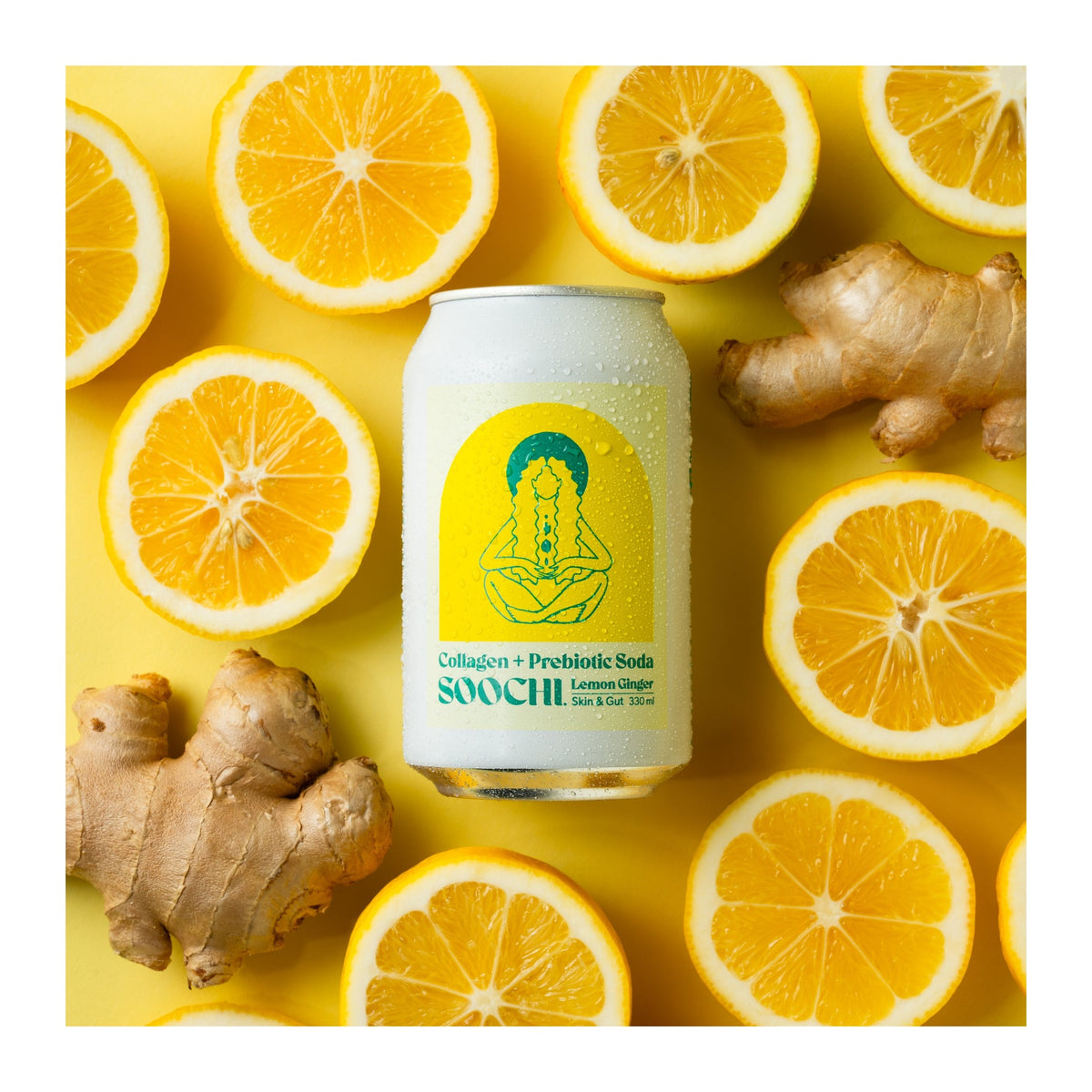Soochi Lemon Ginger can photographed with fresh fruit