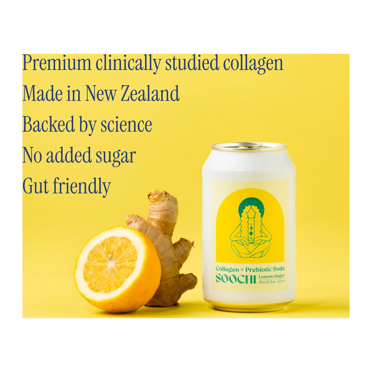 Soochi Lemon Ginger, premium clinically studied collagen, made in New Zealand, no added sugar