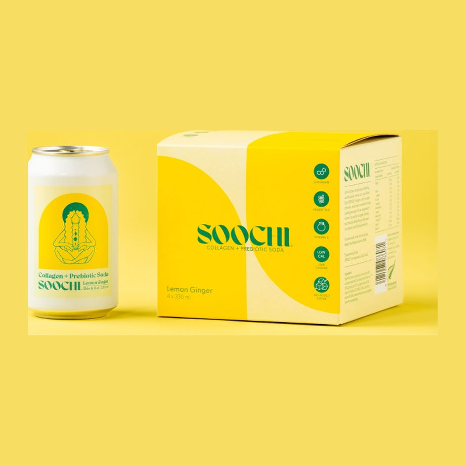 Soochi Collagen + Prebiotic Soda Lemon Ginger can with its 20 pack carton