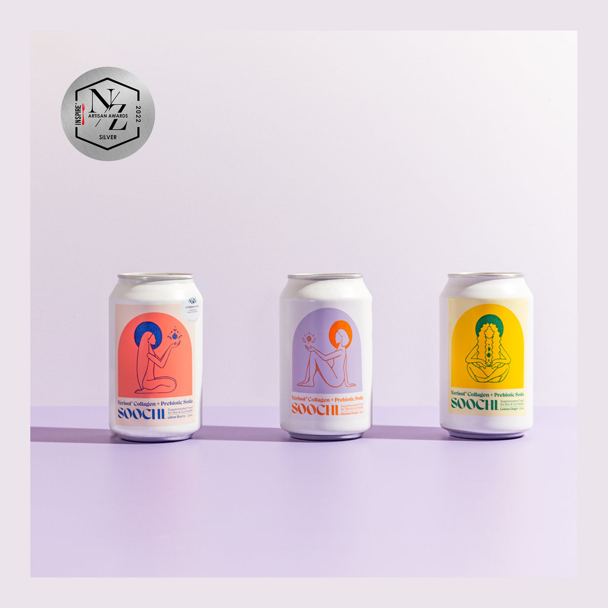 The three Soochi Collagen + Prebiotic Soda flavours, Glow Berry, Passion Peach and Lemon Ginger