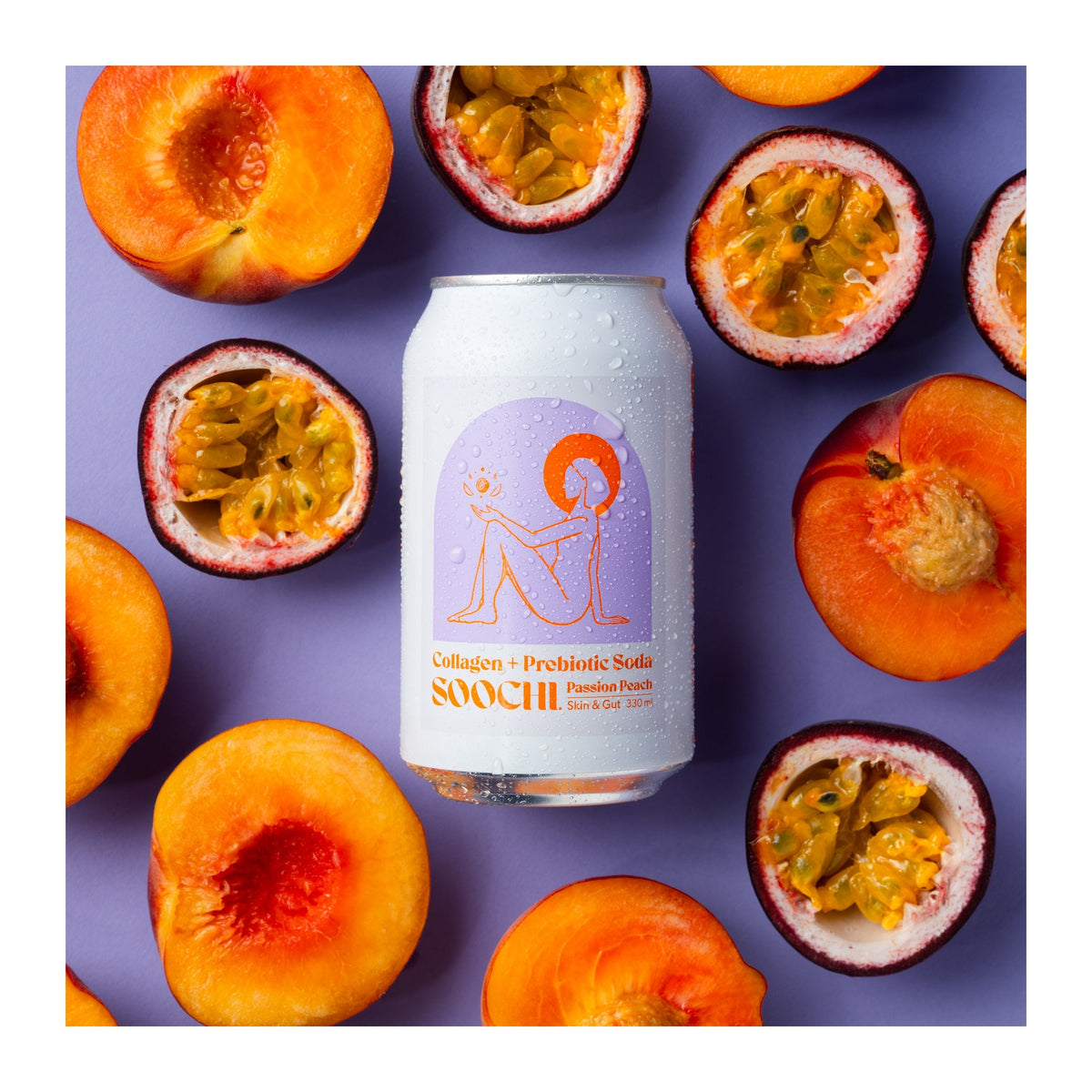Soochi Passion Peach can photographed with peach and passionfruit