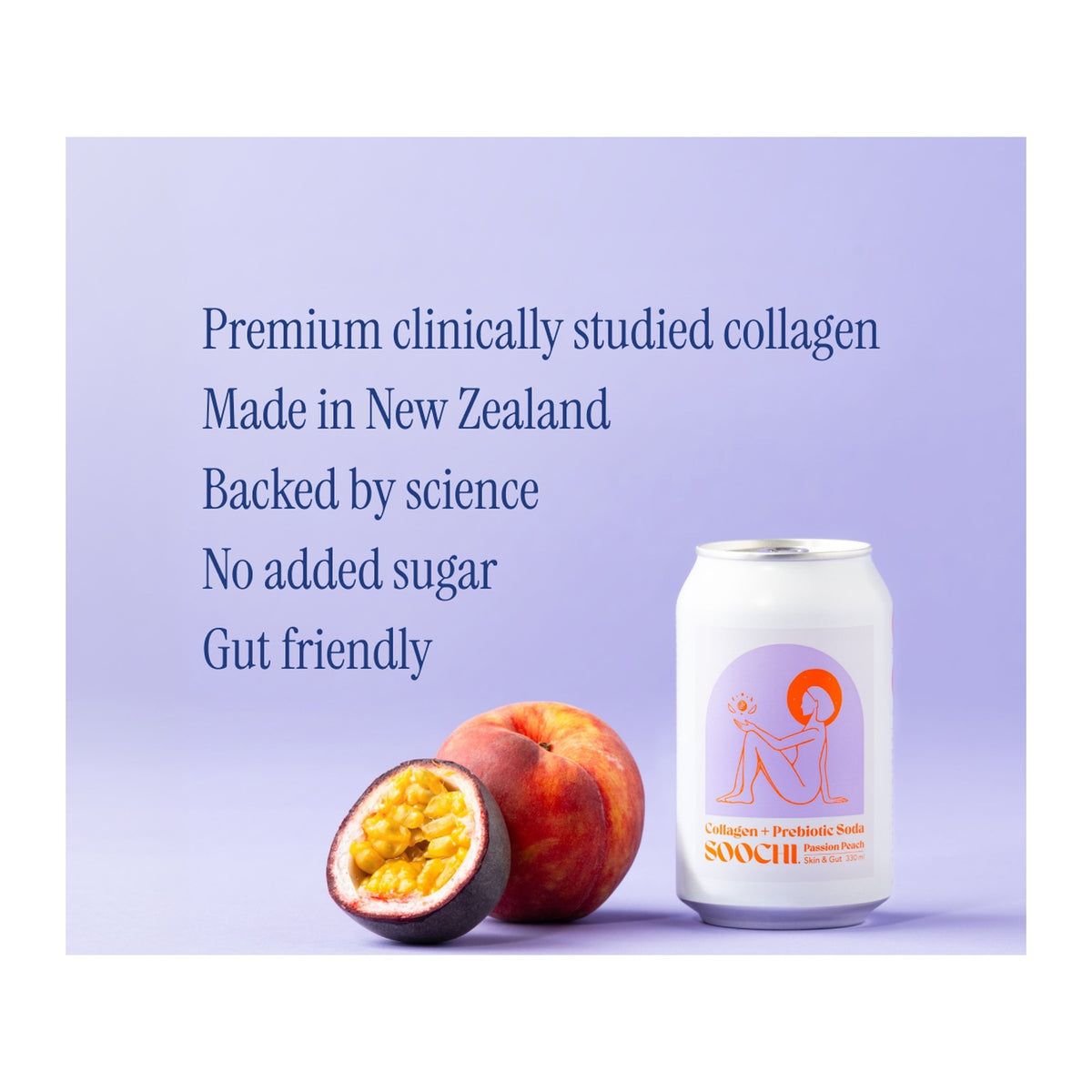 Soochi Passion Peach, premium clinically studied collagen, made in New Zealand, no added sugar