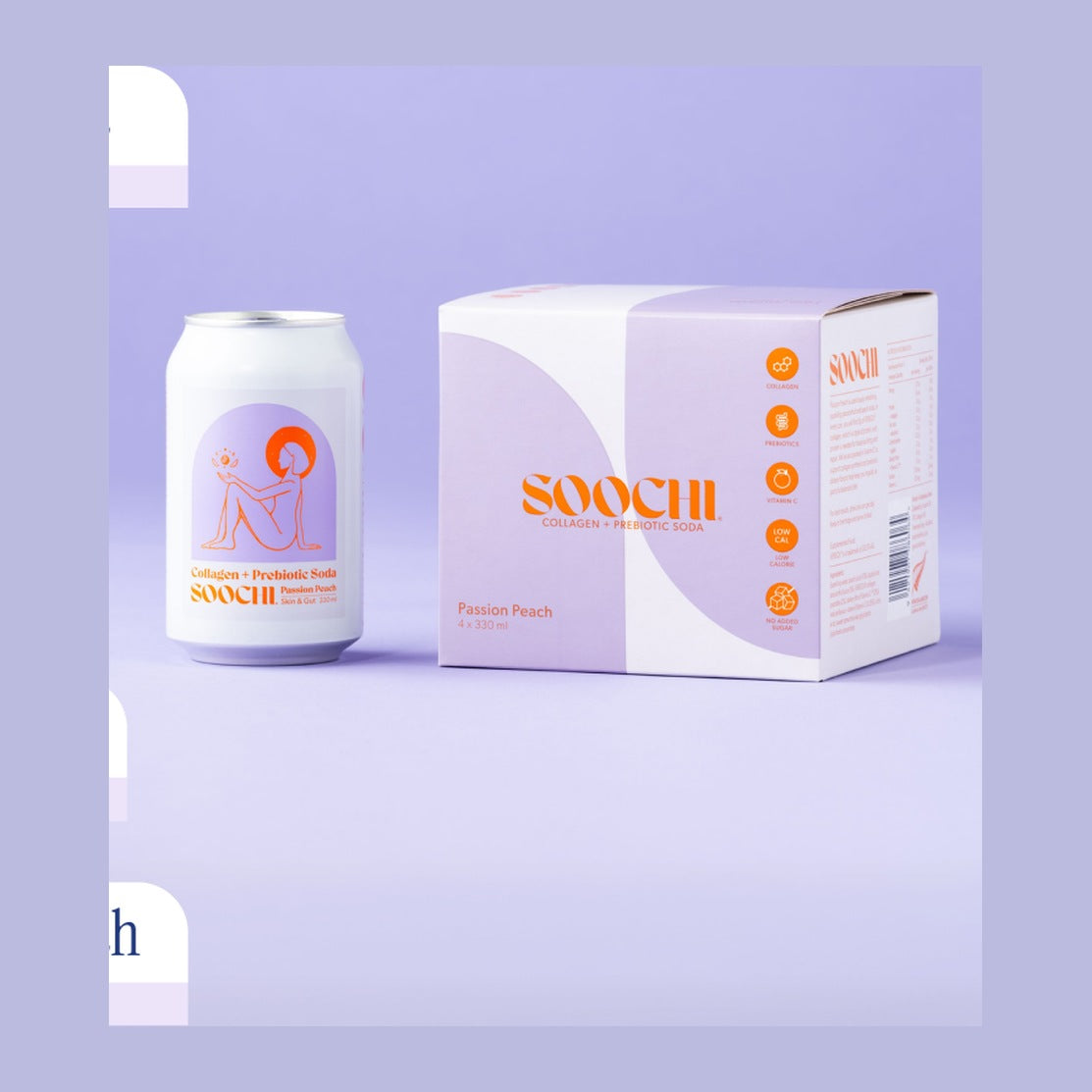 Soochi Collagen + Prebiotic Soda Passion Peach can with its 20 pack carton
