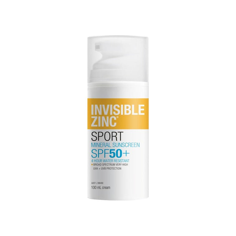 Invisible Zinc Sport Mineral Sunscreen SPF50+ 100ml pump, front